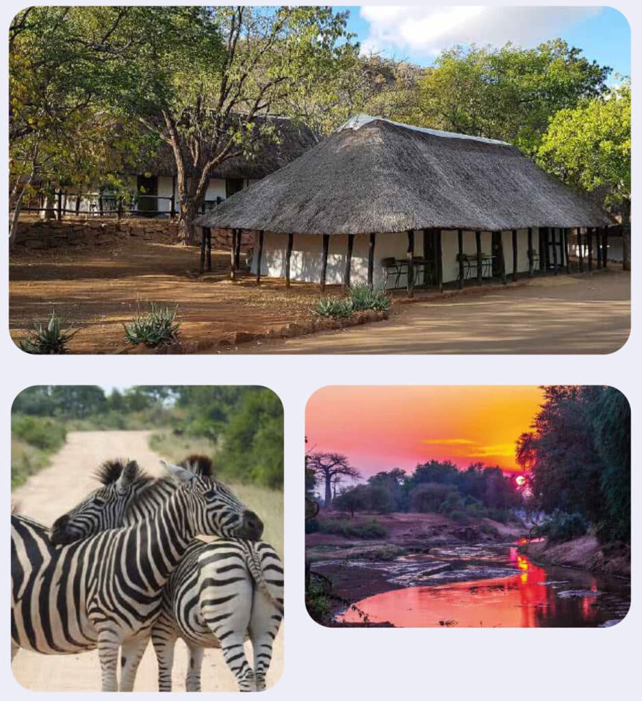 Traditional safari lodge with thatched roof in Kruger National Park.