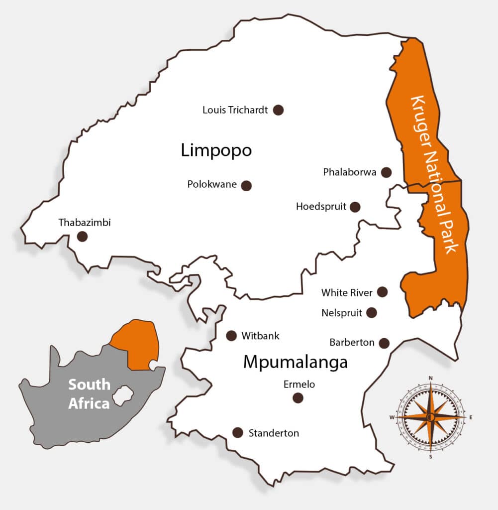 Map highlighting Kruger National Park and nearby regions in South Africa.