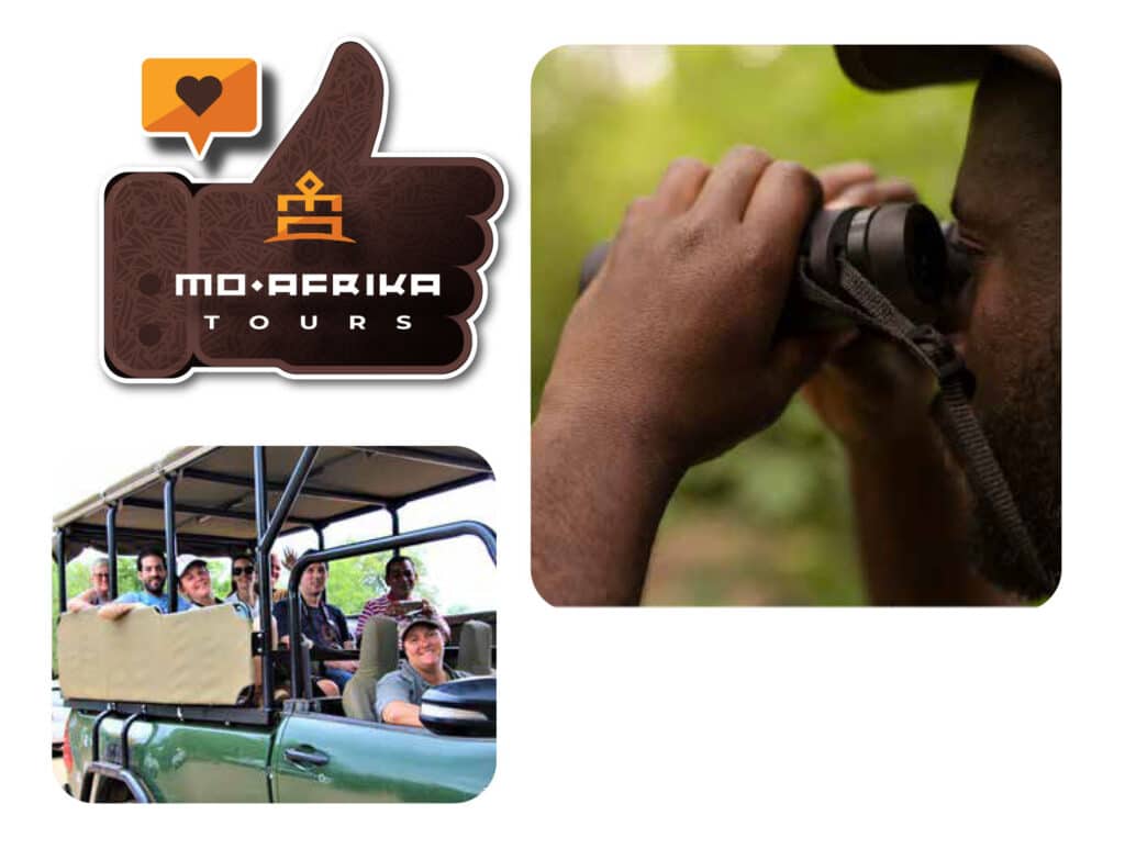 Tourists on safari with binoculars and open vehicle in Kruger Park.