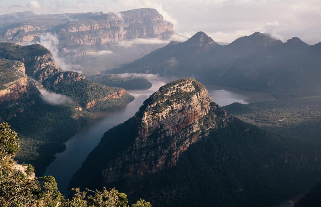 Scenic view of mountains and river in Kruger National Park, South Africa.