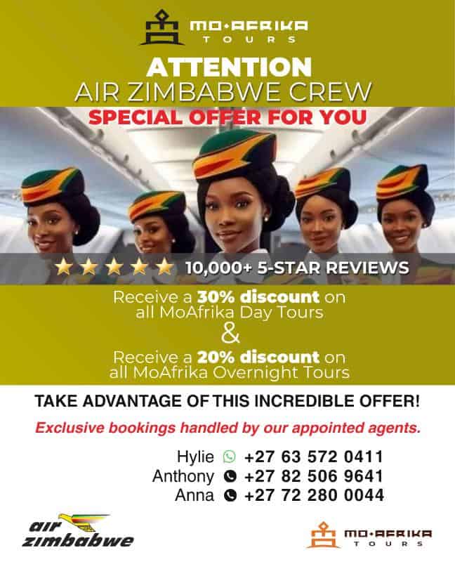 Air Zimbabwe crew promotional offer with discounts on day and overnight tours.