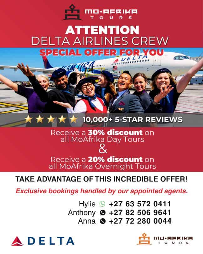 Delta Airlines crew celebrating with aircraft in background, special offer from Moafrika Tours.
