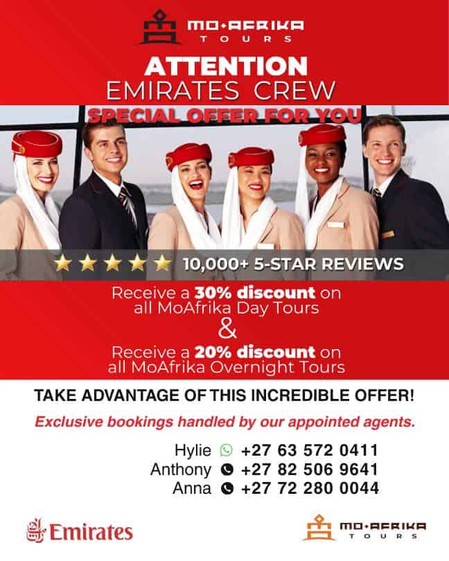 Emirates airline staff in uniform promoting special travel discounts by Moafrika Tours.