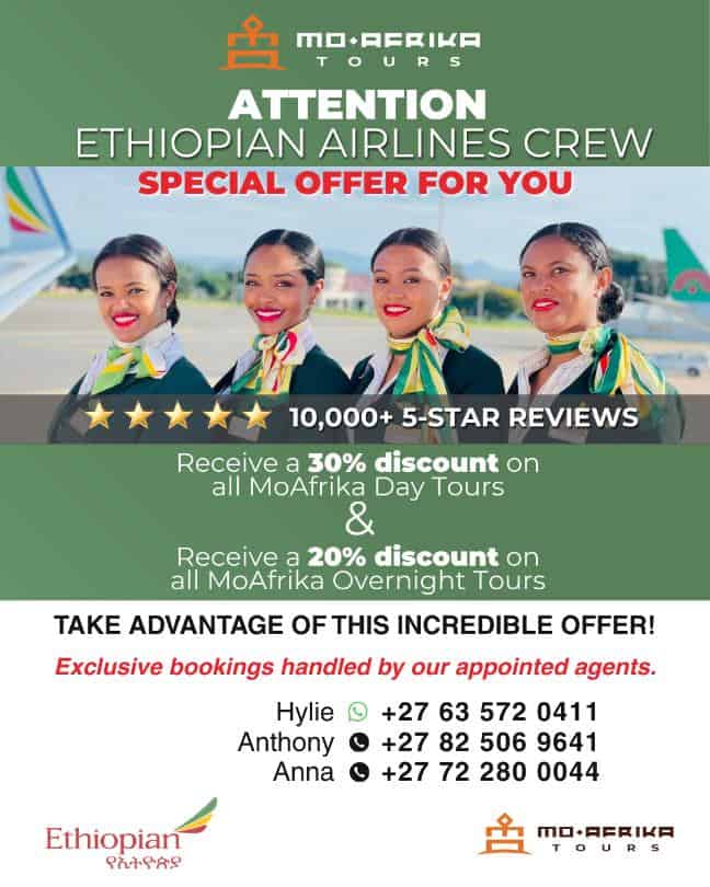 Ethiopian Airlines crew promotional offer with discounts and reviews.