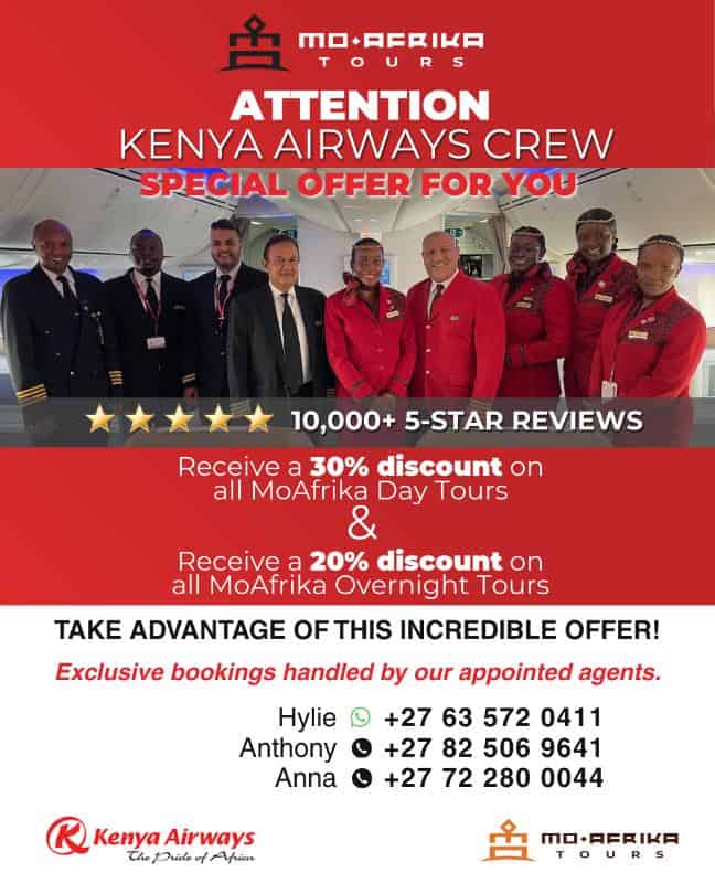 Kenya Airways crew with Moafrika Tours promotional banner for special discounts.
