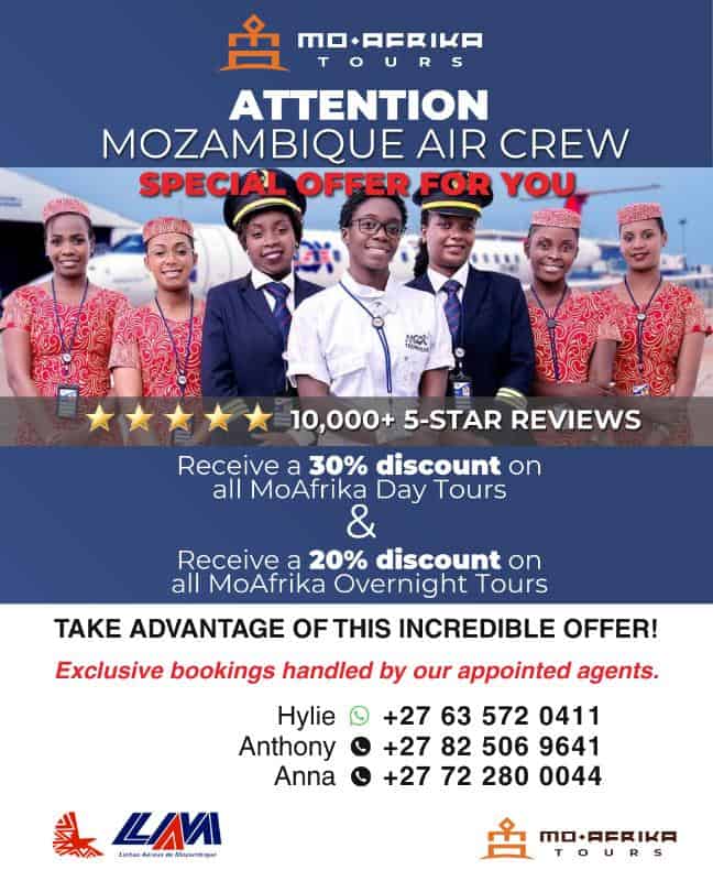 Mozambique air crew in uniform with travel discounts from Moafrika Tours.