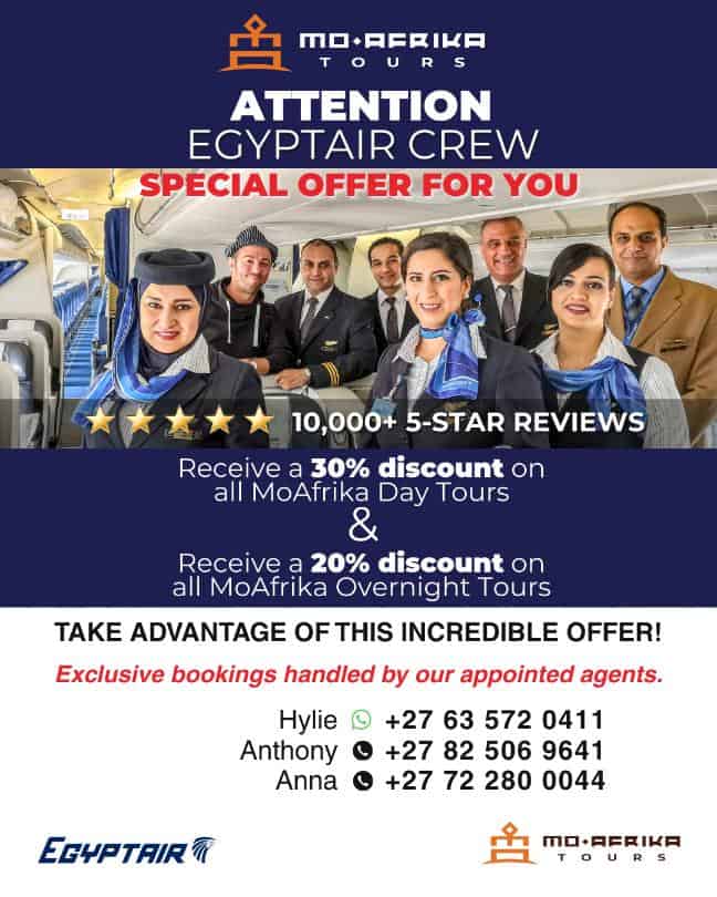 Airline staff crew smiling with promotional discounts for Moafrika Tours.