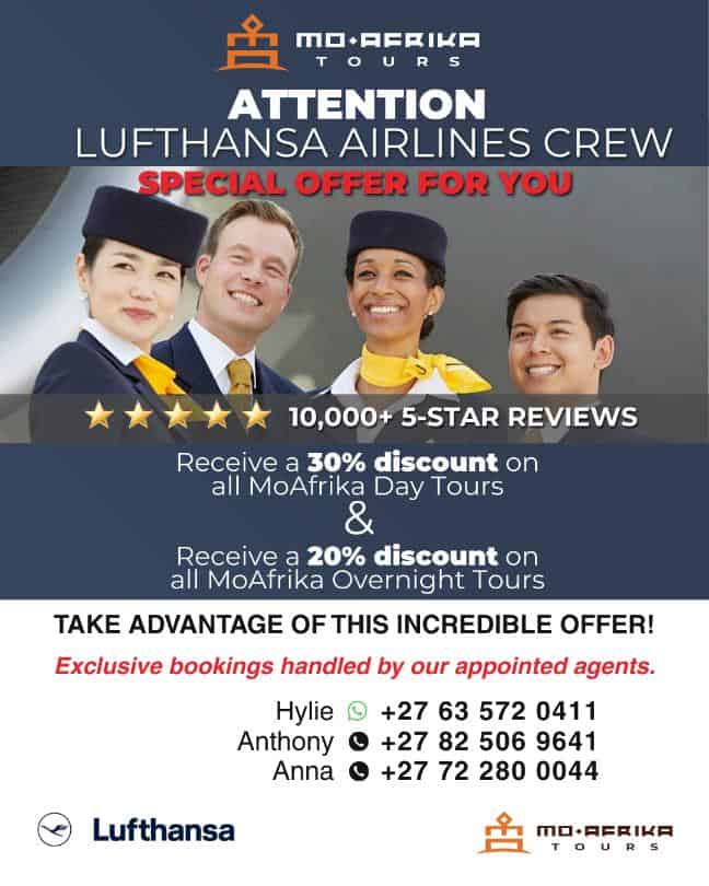 Lufthansa airline crew with Moafrika Tours promotional offer.