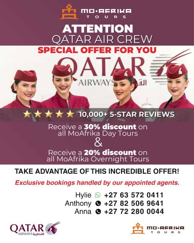 Qatar Airways crew members promoting special discounts for airline staff.