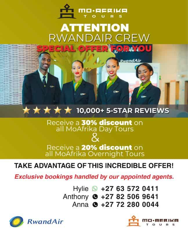 RwandAir flight crew in uniform with promotional offer banner at airport.