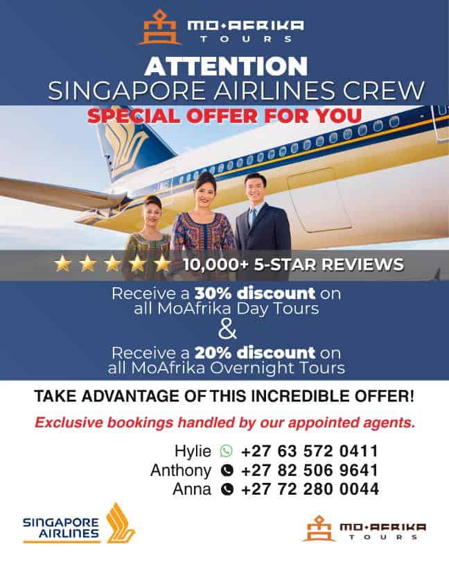 Singapore Airlines crew promotional offer for Moafrika Tours customers.