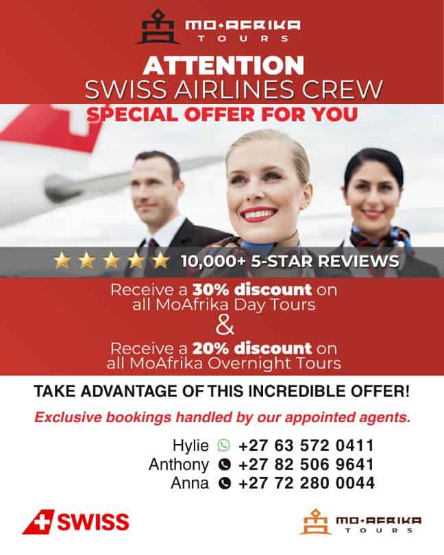 Swiss Airlines crew smiling with aircraft in background, promotional offer.