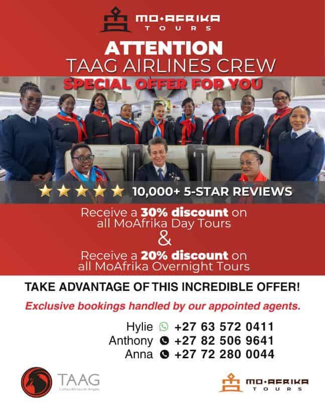 Taag Airlines crew members with Moafrika Tours promotional offer.