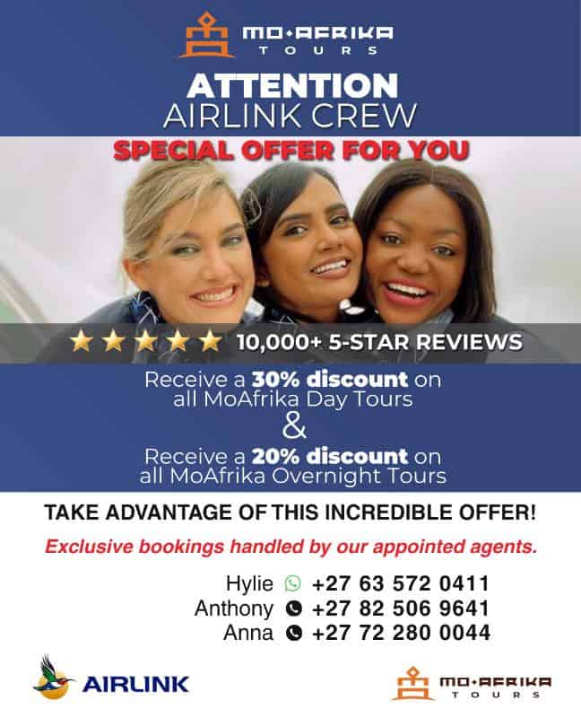 Group of airline crew members smiling with special travel discounts from Moafrika Tours.
