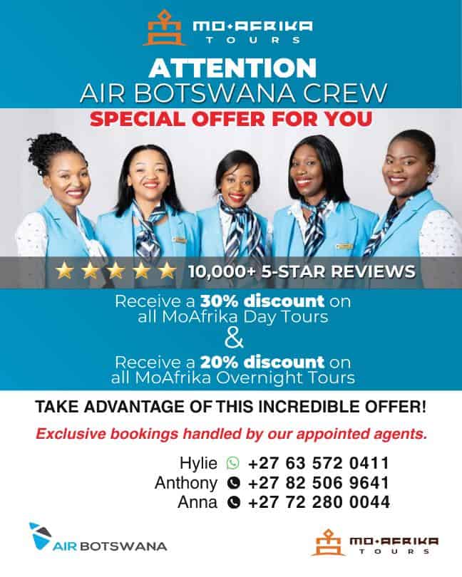 Botswana airline crew promotional offer with staff discounts from Moafrika Tours.
