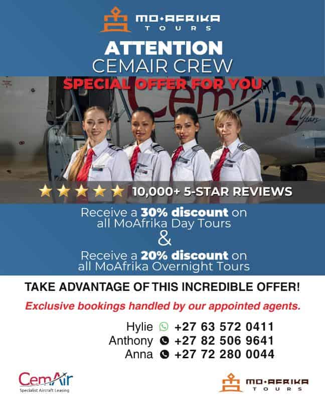 Airline crew members in uniform promoting Moafrika Tours special discounts.
