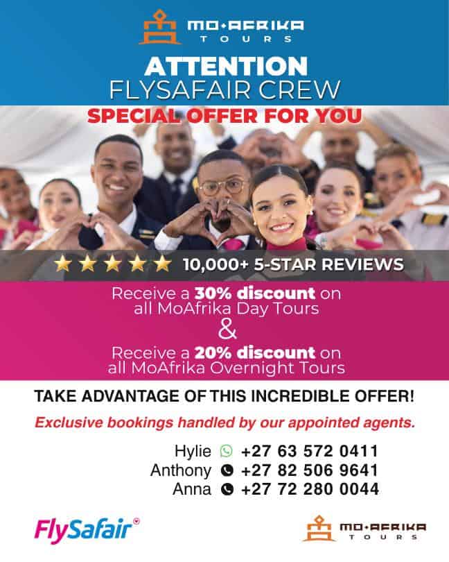 Flight crew special offer with discounts on day and overnight tours by Moafrika Tours.