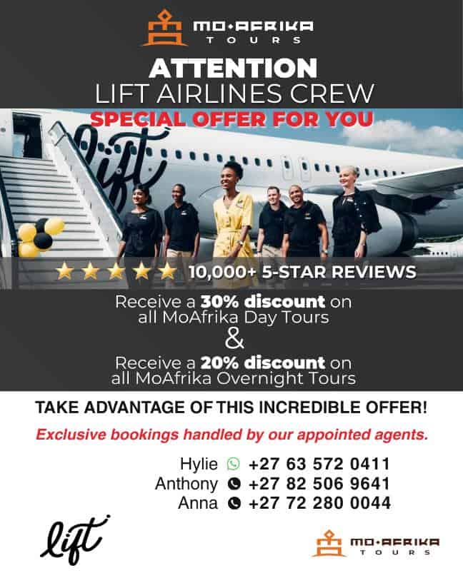 Lift Airlines crew with airplane in background, promotional offer for airline staff.