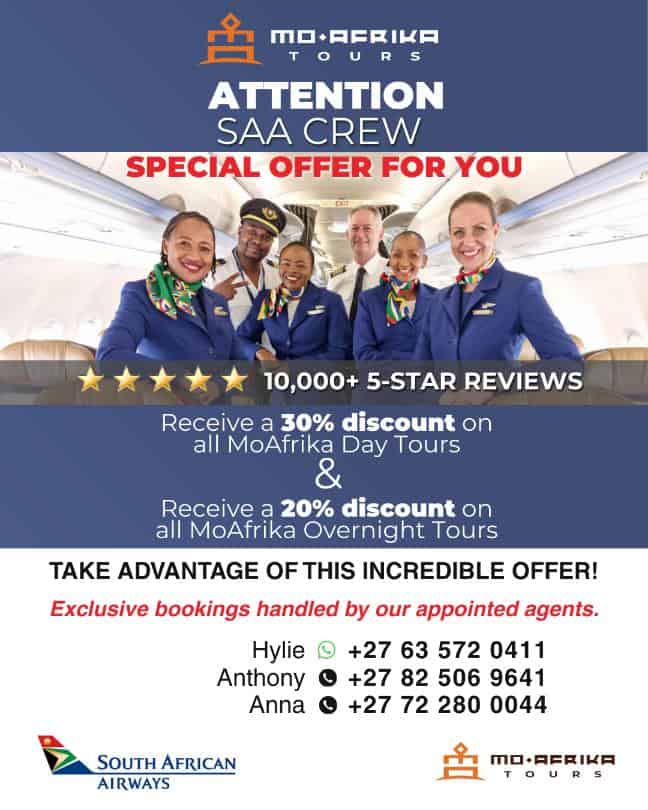 Airline staff in uniform promoting Moafrika Tours special discounts.