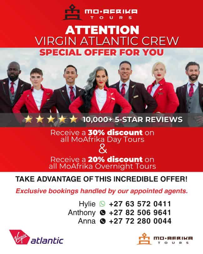 Virgin Atlantic crew members promoting special travel discounts with Moafrika Tours.