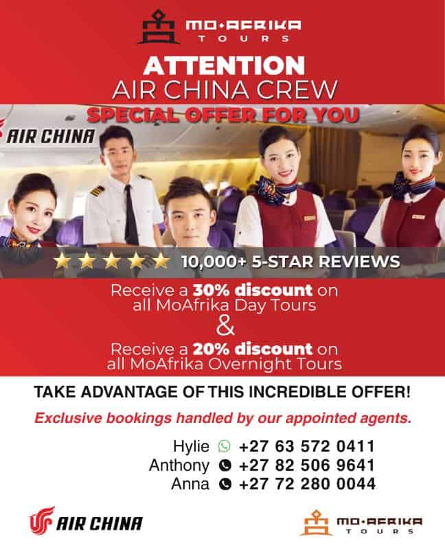 Air China crew members promoting Moafrika Tours special airline staff discounts.