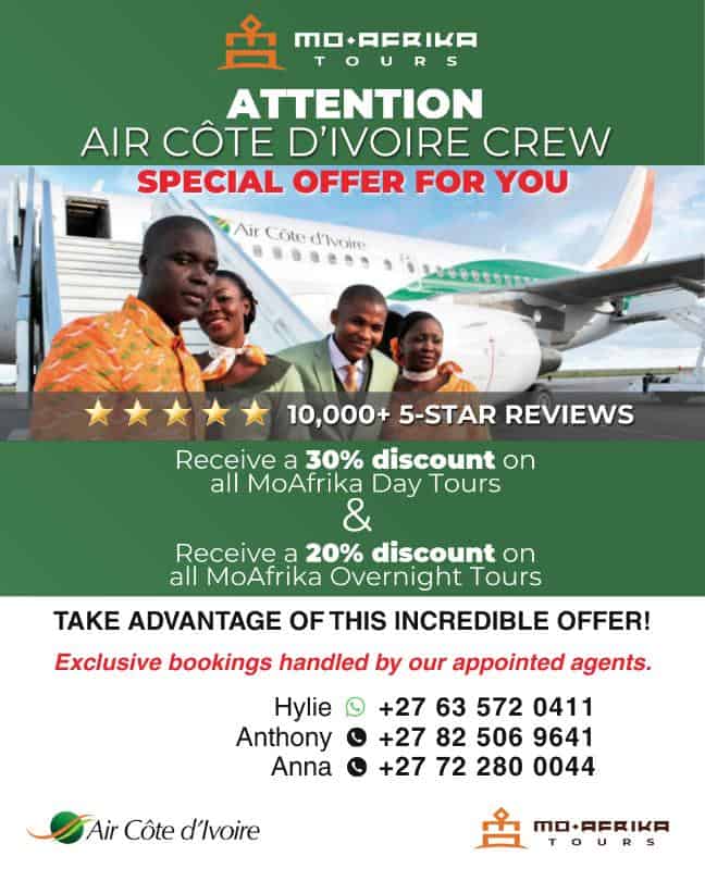 Airline crew members with airplane in background, promotional travel offer from Moafrika Tours.