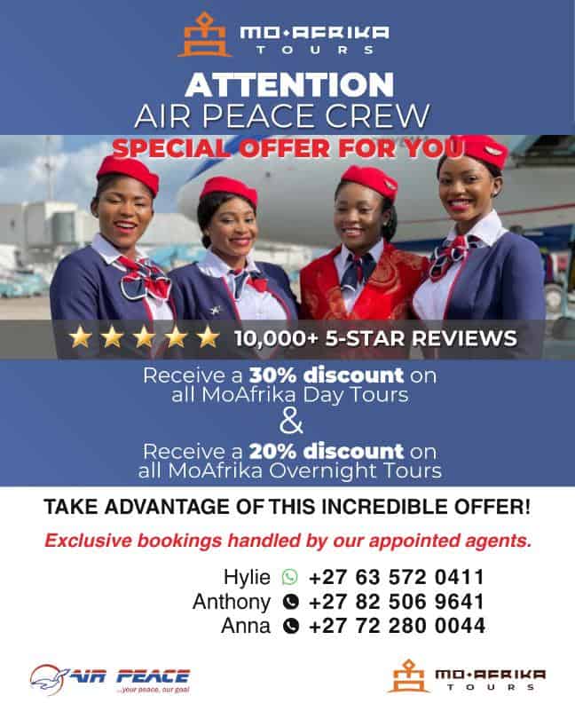 Airline staff in uniform with aircraft in background, special travel discounts.