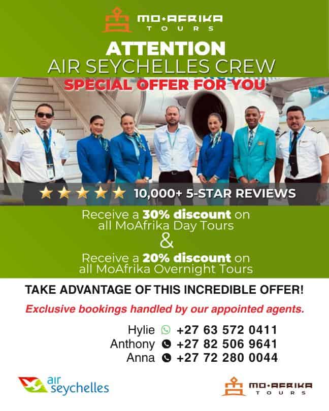 Moafrika Tours promotes Seychelles crew travel discounts and reviews.