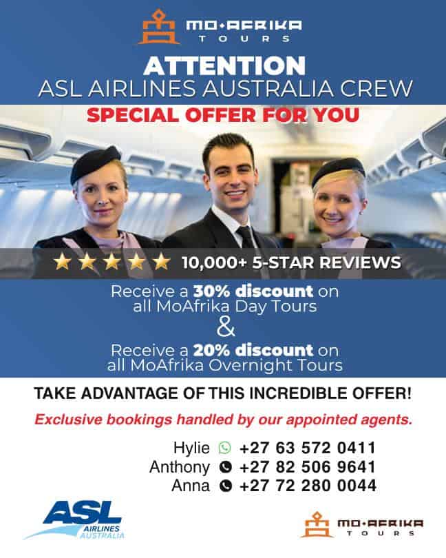Moafrika Tours airline staff special offer with crew members on airplane.